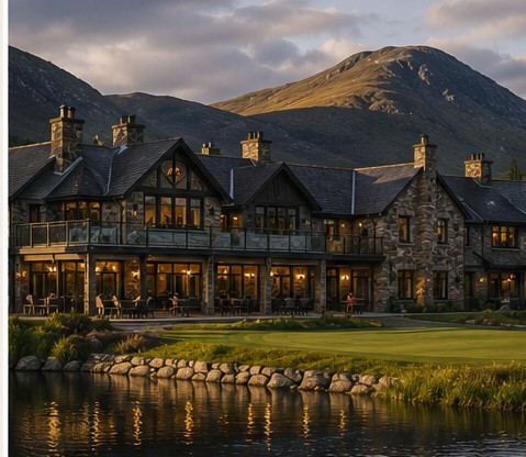 The stone lodge at Glenmara beside Loch Mara at dusk