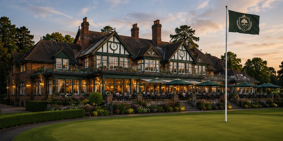 The Hartsmere clubhouse at dusk, terrace full