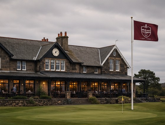 The stone clubhouse at Ironside, lights on against the moor