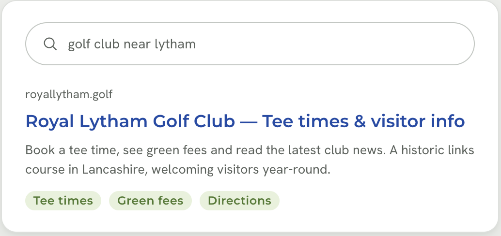 A golf club website appearing in Google search results